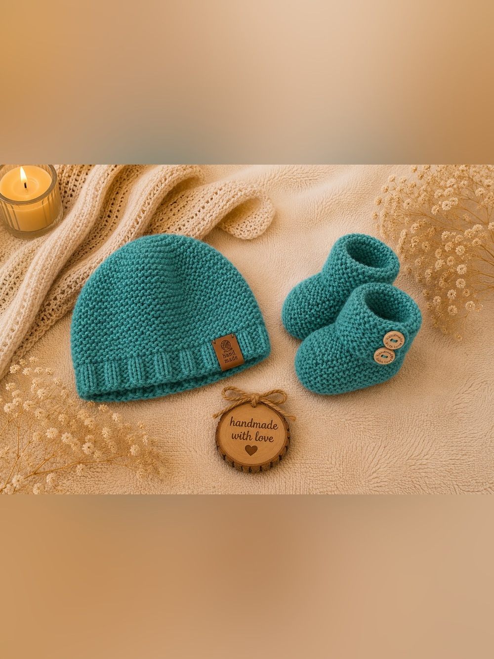 Handmade Teal Knit Baby Hat & Booties Set